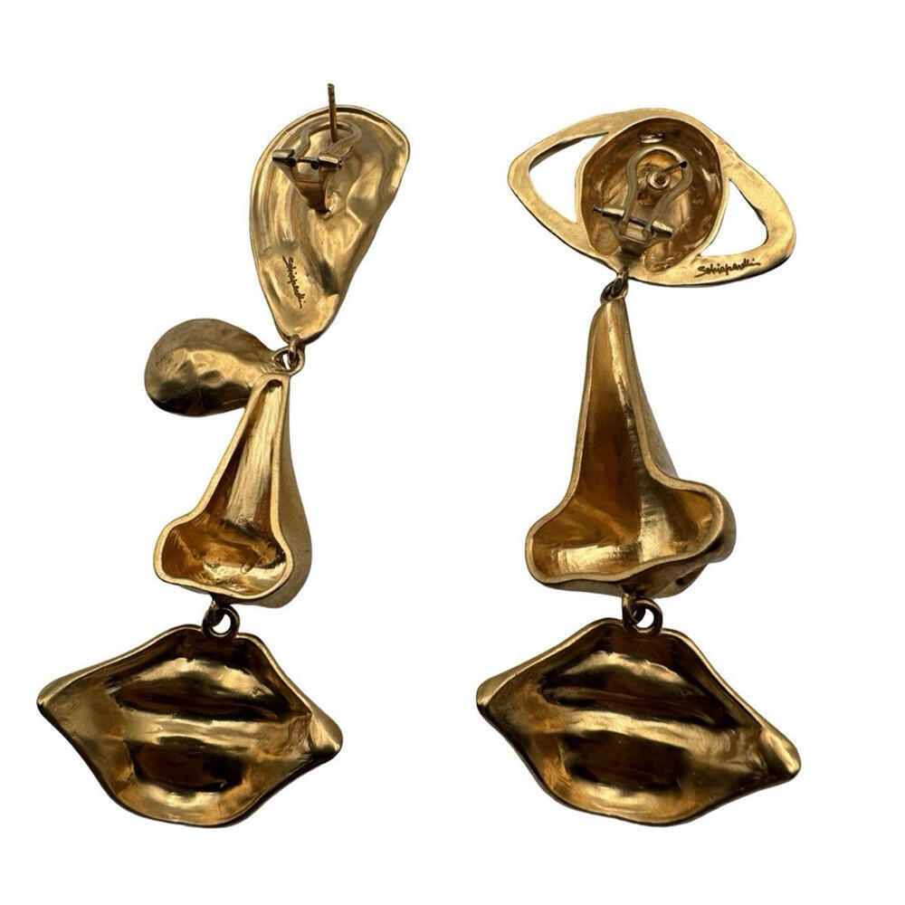 Schiaparelli Signed Anatomy Dangle Earrings Gold Plated Brass - Picture 2 of 8